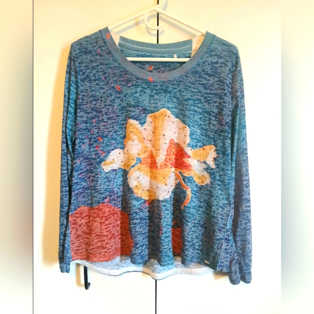 FDJ Long Sleeve Semi-Sheer Rhinestone Art Deco Floral Top Lg